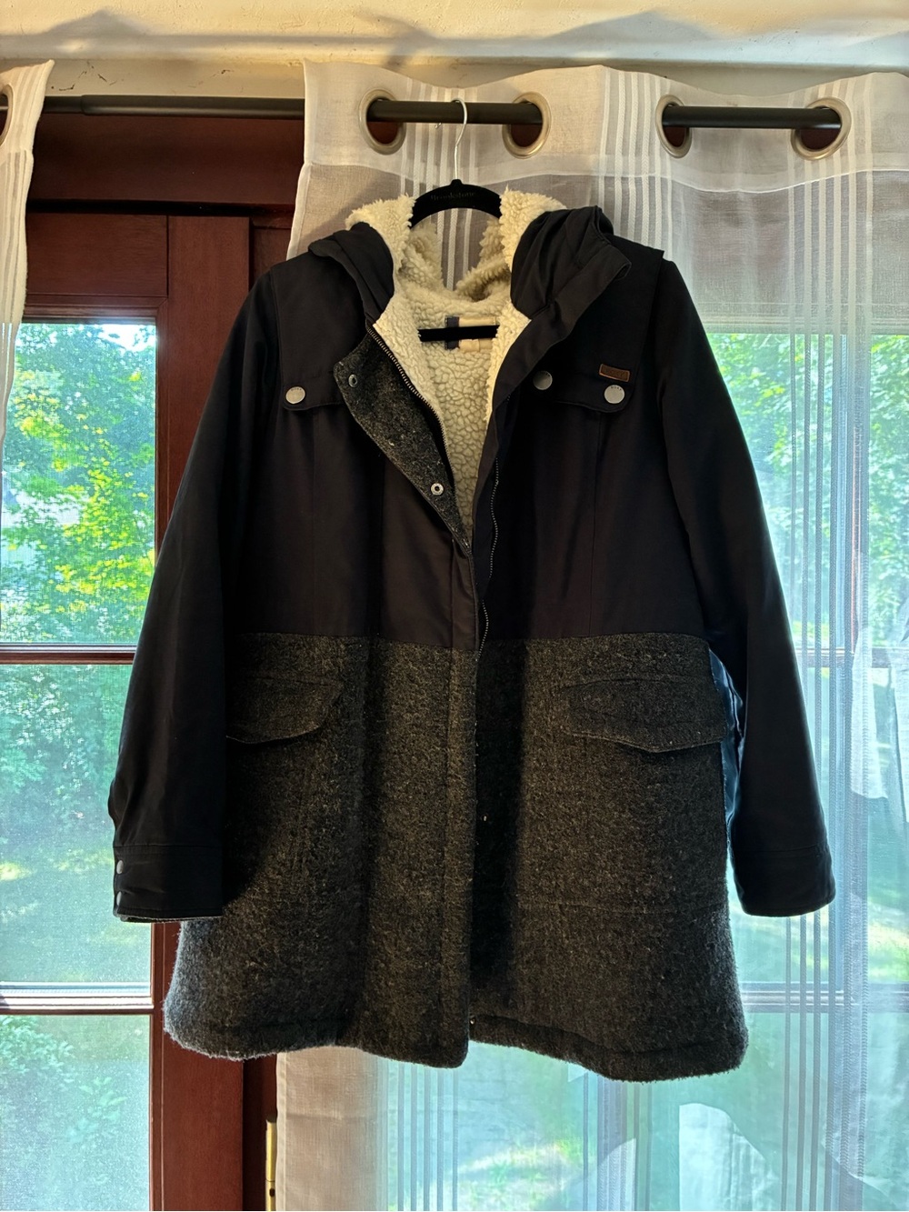 Roxy Two-Tone Black and Charcoal Sherpa-Lined Hooded Coat